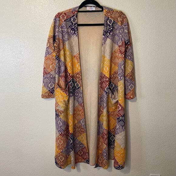 LulaRoe Sarah Duster Cardigan Sweater W/ Pockets Patchwork Jacquard Boho Size Sm - Picture 1 of 6